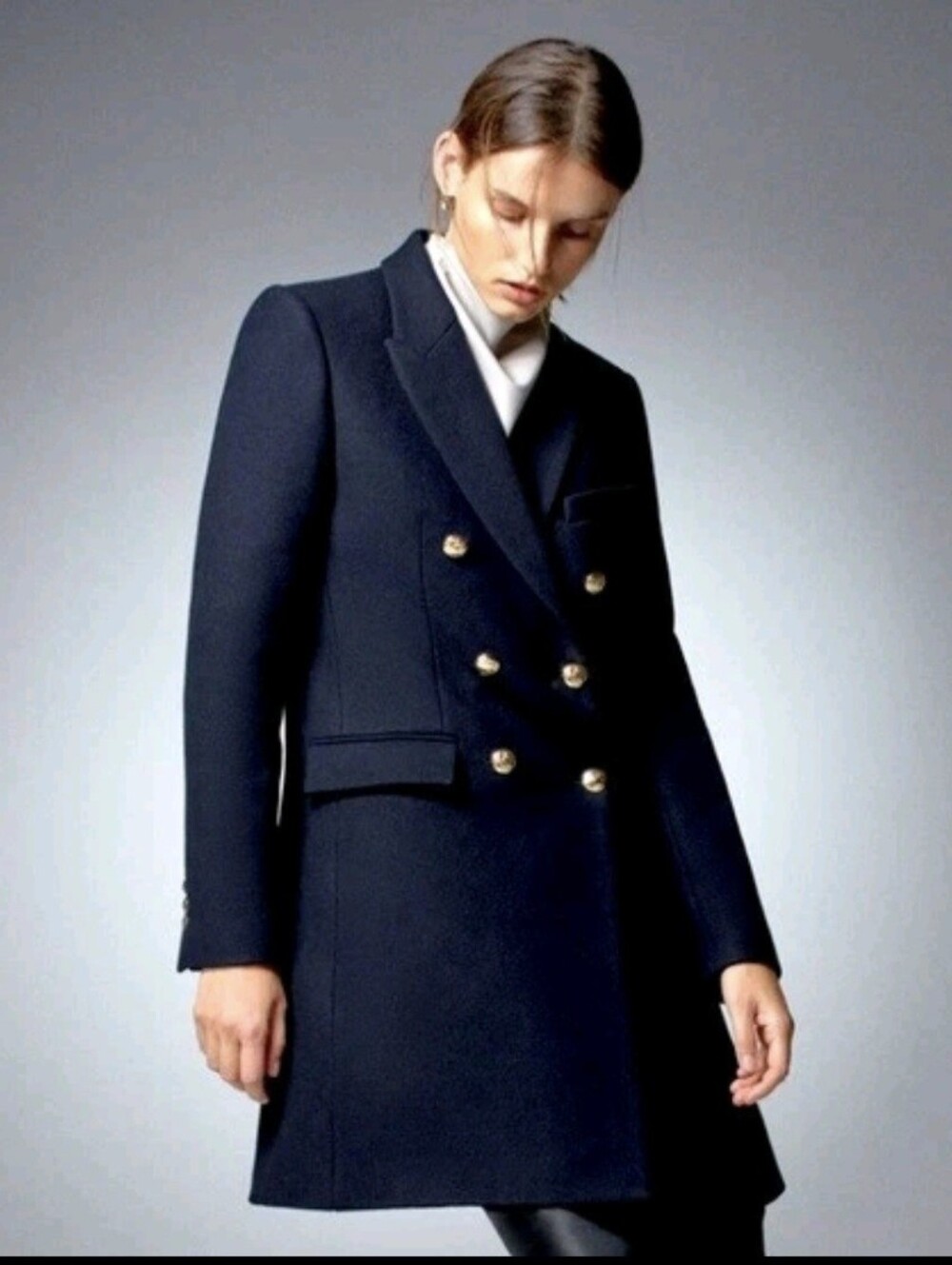 Zara Large Double-Breasted Navy Wool Blend Coat